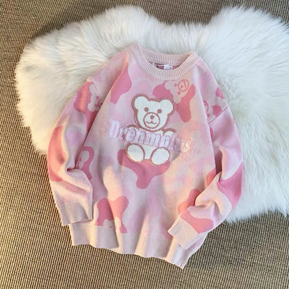 Bear's lazy style pink style autumn and winter thickened trendy brand ins loose and versatile sweater for men and women Korean style knitted (T0673)