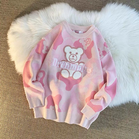 Bear's lazy style pink style autumn and winter thickened trendy brand ins loose and versatile sweater for men and women Korean style knitted (T0673)