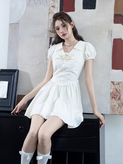 MOXI Summer Girly White Puff Sleeve Dress Sweet and Spicy Temperament Slim Shirt Skirt Women