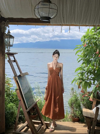 Thailand Phuket Xishuangbanna travel outfit ethnic style sexy backless halter neck suspender dress female summer