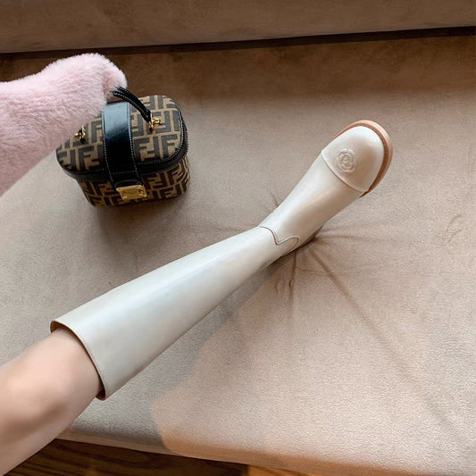 Cowhide boots, women's boots, students' mid-heel high boots, but knee boots, round-toed camellia, small fragrance, thick-heeled boots, new style