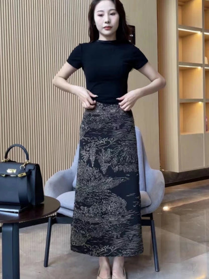 French retro fashion casual floral skirt female 2024 new summer high waist cover cross slim print a-line skirt