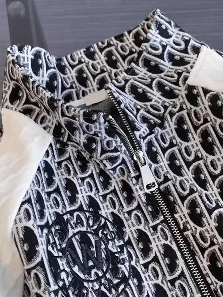 Salt style wear trendy color contrast splicing casual sports suit women's autumn stand collar sweater and trousers two-piece set