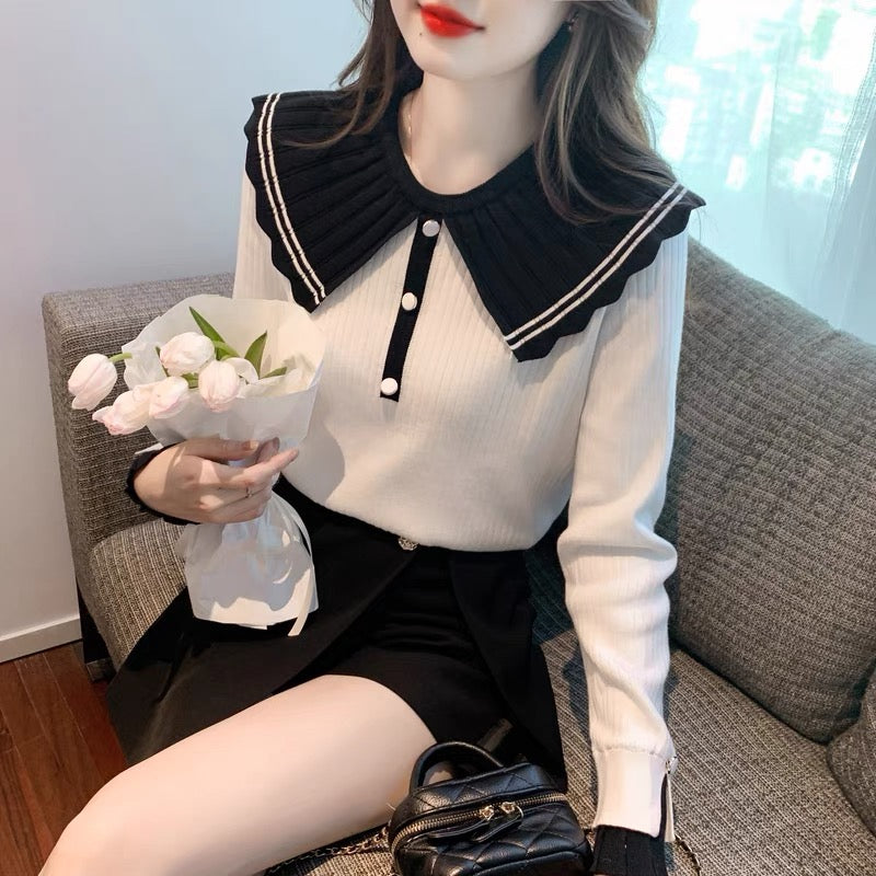Baby doll collar long-sleeved sweater sweater for women 2023 new autumn and winter versatile small fragrance style slim bottoming shirt top