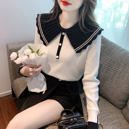 Baby doll collar long-sleeved sweater sweater for women 2023 new autumn and winter versatile small fragrance style slim bottoming shirt top