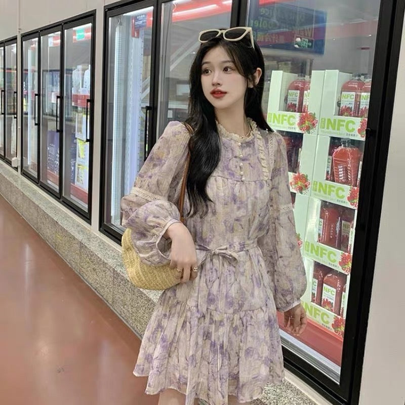 French retro lace stitching long-sleeved floral skirt dress women's summer 2023 new temperament a-line short skirt