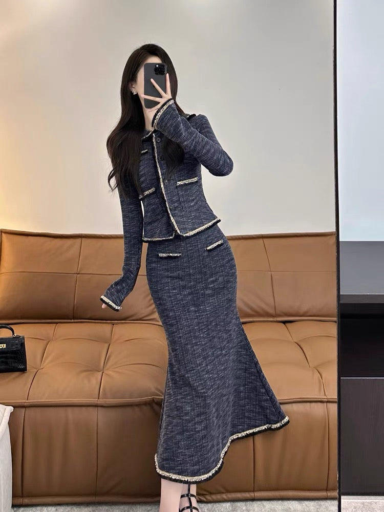 Xiaoxiangfeng suit 2023 new popular autumn and winter high-end temperament French mid-length fishtail skirt two-piece set (S5557)