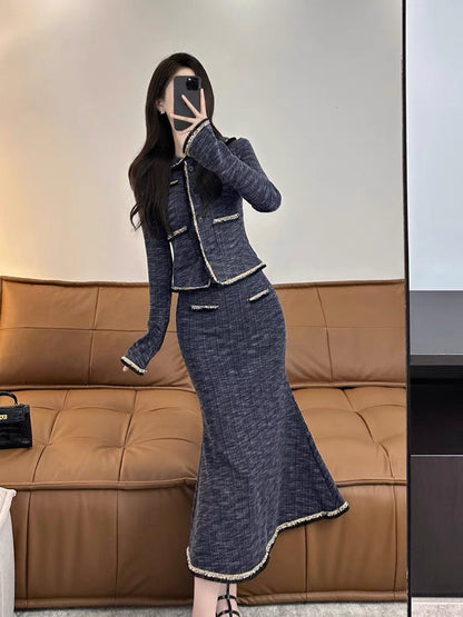 Xiaoxiangfeng suit 2023 new popular autumn and winter high-end temperament French mid-length fishtail skirt two-piece set (S5557)