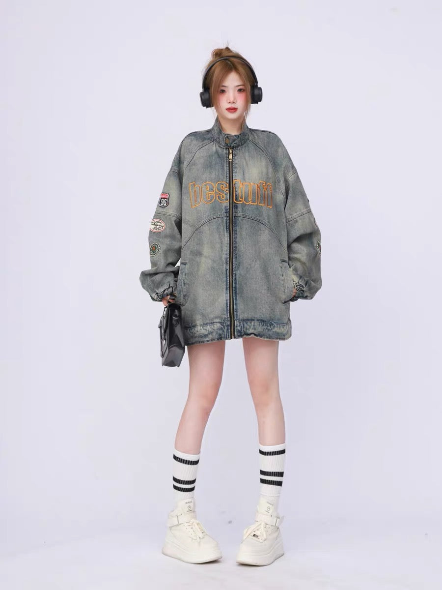 American retro washed distressed heavy industry embroidered stand collar oversize motorcycle jacket denim jacket for women spring and autumn trendy brand A3354
