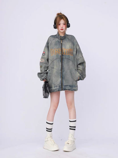 American retro washed distressed heavy industry embroidered stand collar oversize motorcycle jacket denim jacket for women spring and autumn trendy brand A3354