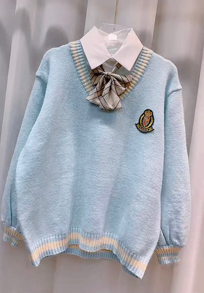 College style fake two-piece sweater for women in autumn and winter new style loose and slim lantern sleeve v-neck spliced sweater for outer wear T9397