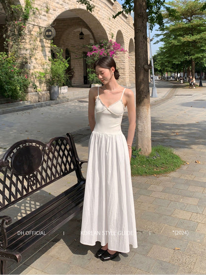 DH OFFICIAL Big Flower [Lisbon Summer] Flying in the White Clouds Spliced Suspender Dress