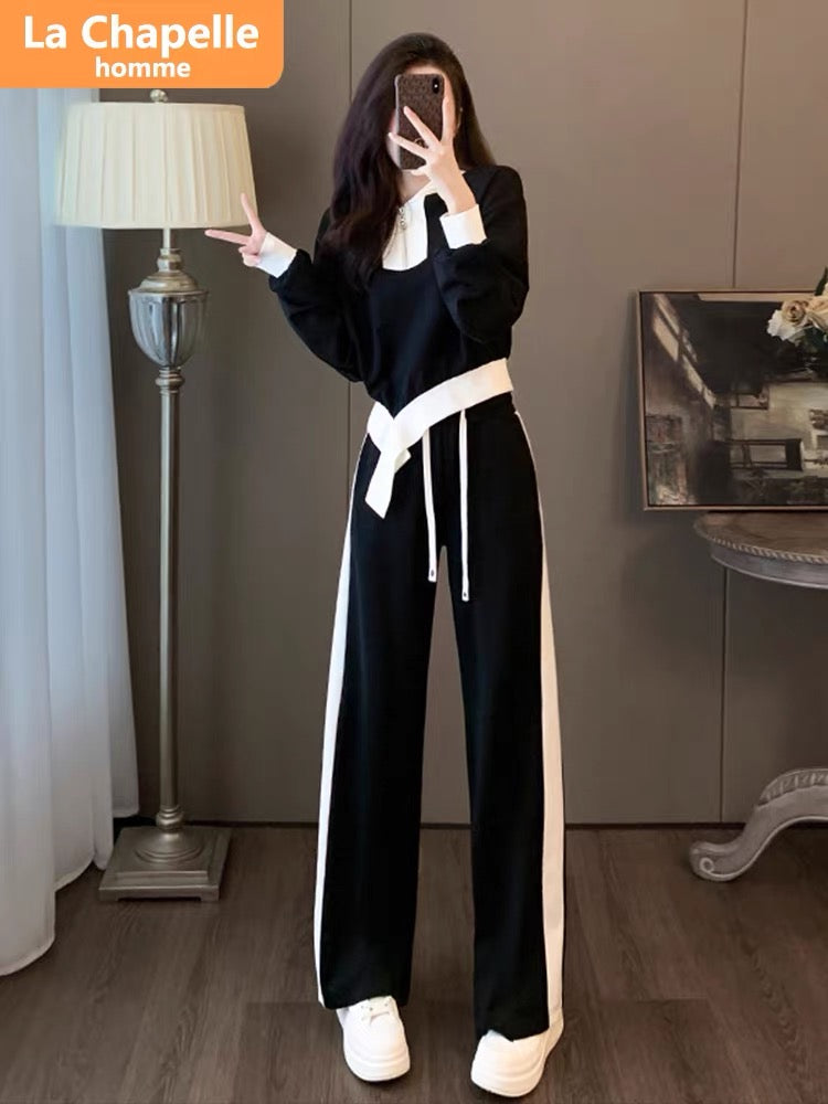 La Chapelle casual sports suit for women autumn 2023 new fashionable temperament drawstring lace design two-piece set