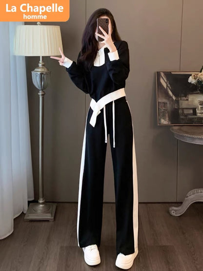 La Chapelle casual sports suit for women autumn 2023 new fashionable temperament drawstring lace design two-piece set