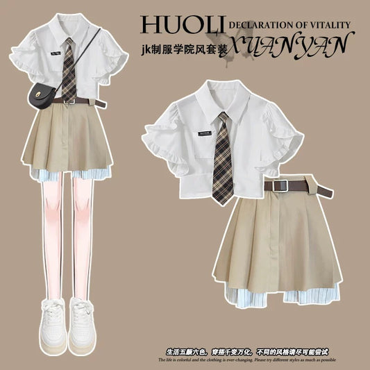 jk uniform suit for women summer 2023 new college style short skirt petite short-sleeved sweet and spicy two-piece skirt suit