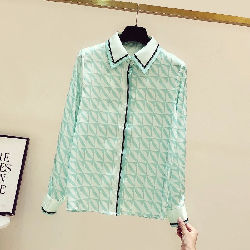 High-end light luxury silk printed shirt feminine temperament fashion foreign style long-sleeved top design sense niche spring and autumn shirt