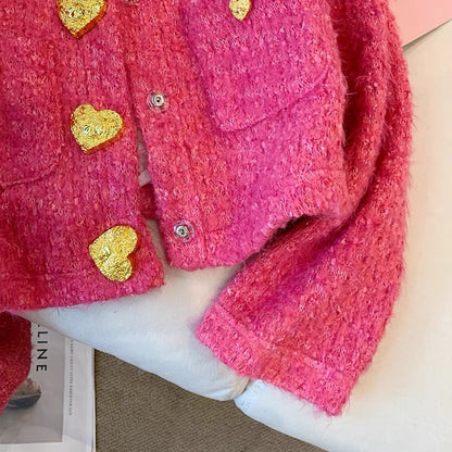 Rose pink love button small fragrant jacket for women autumn and winter 2023 new style French sweet temperament lady short top