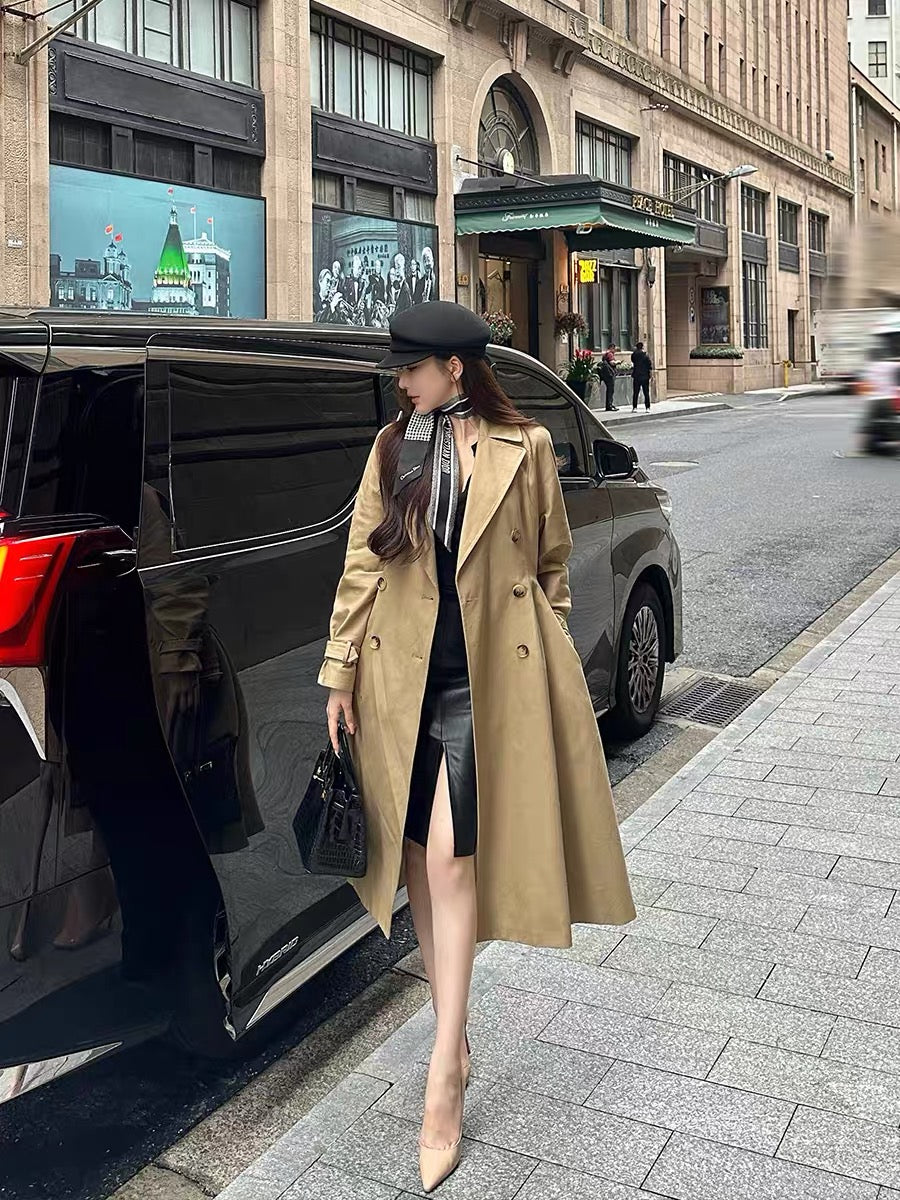 Shanxi said khaki high-end temperament pure cotton belt waist double-breasted raglan sleeves long windbreaker jacket for women (B8896)