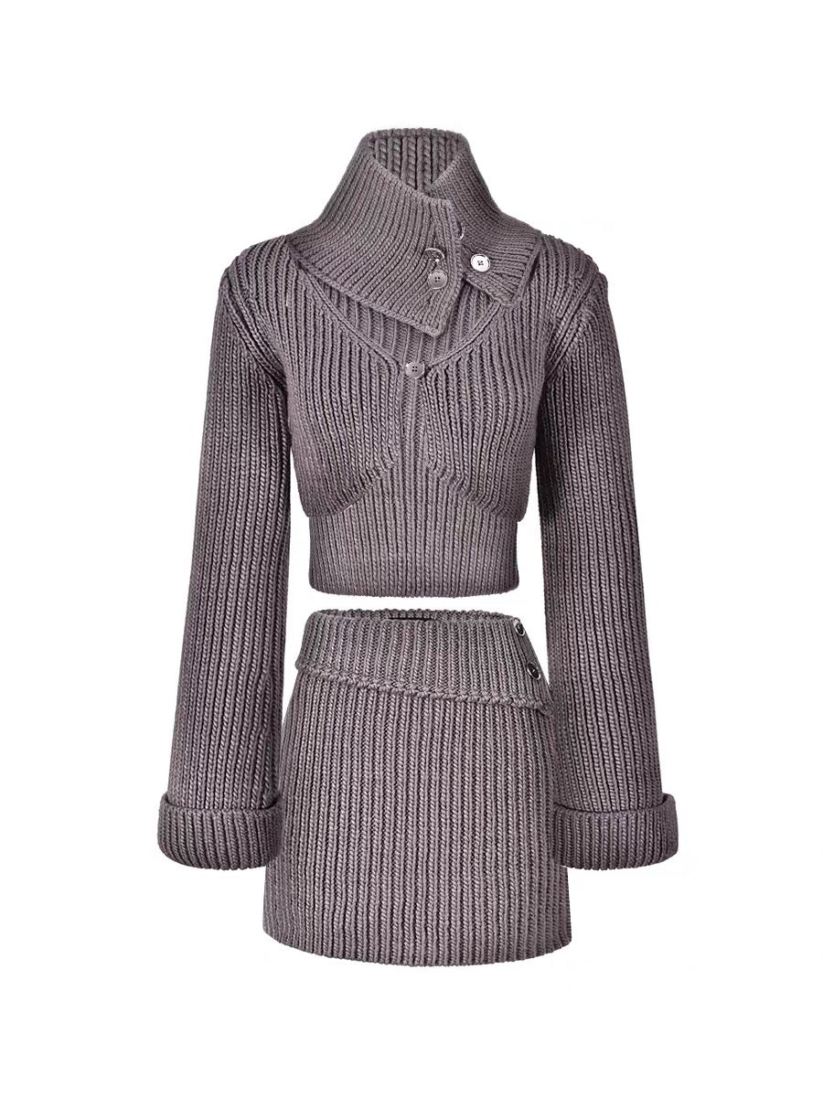 AGAM design thick-knit scarf vest + sweater cardigan + skirt suit