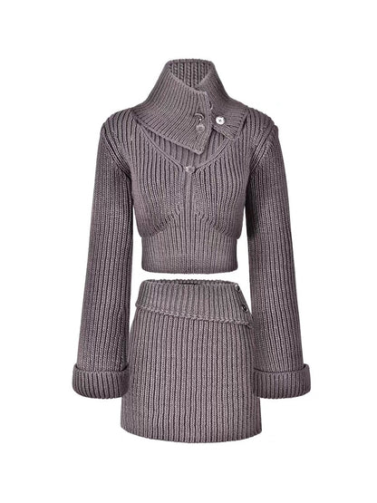 AGAM design thick-knit scarf vest + sweater cardigan + skirt suit