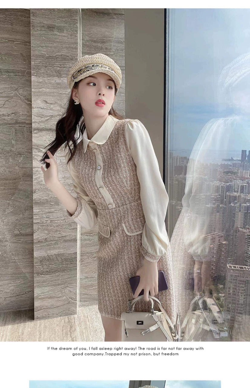 Xiaoxiangfeng Dress Autumn 2021 New Women's Polo Collar Contrast Color Splicing Fake Two-piece Retro Fashion Skirt