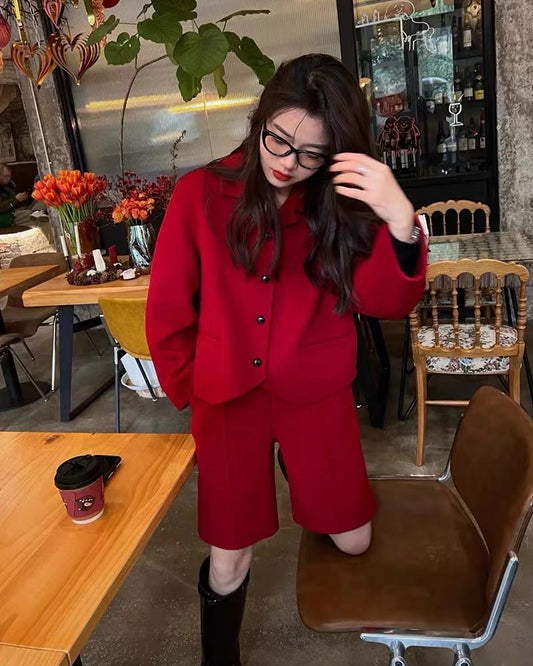 Korean style high-end New Year red blazer spring new casual loose high-waisted straight pants two-piece set for women