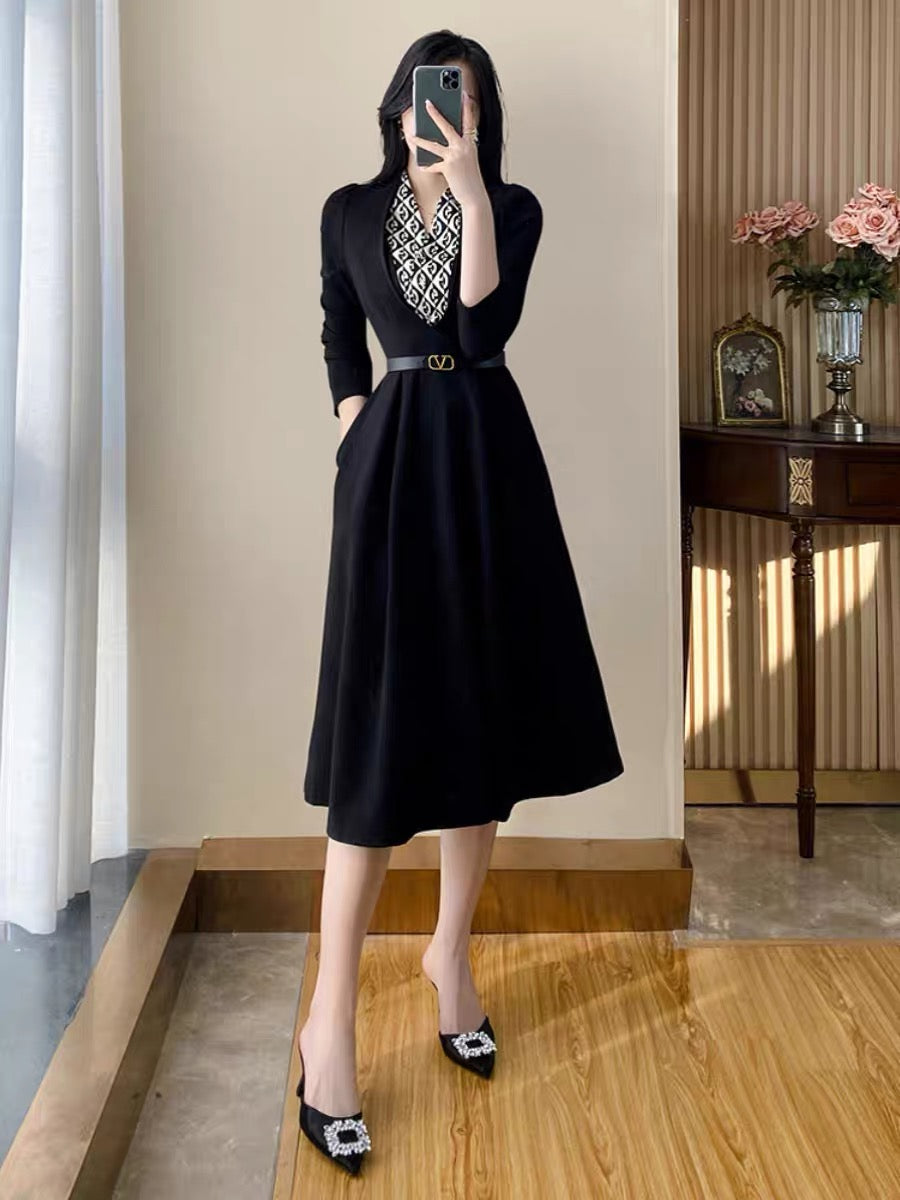 High-end professional dress for women in autumn 2023 new temperament waist slimming mid-length black long-sleeved skirt