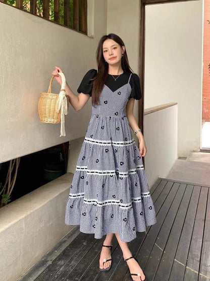 DALU 2023 summer fake two-piece lace stitching design short-sleeved heavy industry dress a-line long skirt