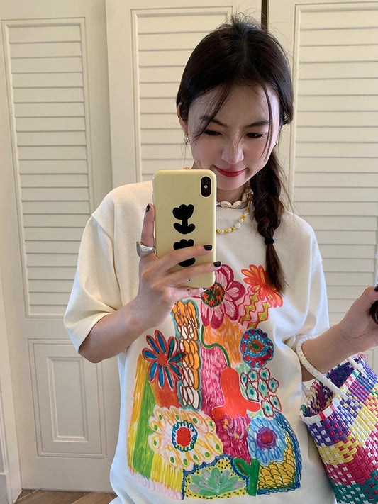 Luoluo Xianjie girls short-sleeved T-shirt female summer top design niche white 2024 new round neck