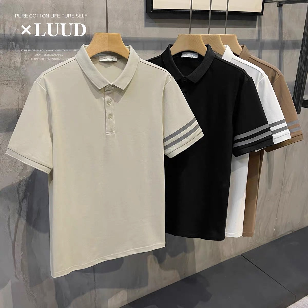 LUUD simple two-bar men's lapel polo shirt summer retro short-sleeved slim Paul casual top trend
