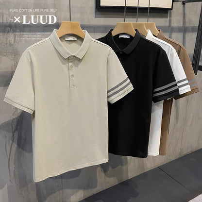 LUUD simple two-bar men's lapel polo shirt summer retro short-sleeved slim Paul casual top trend