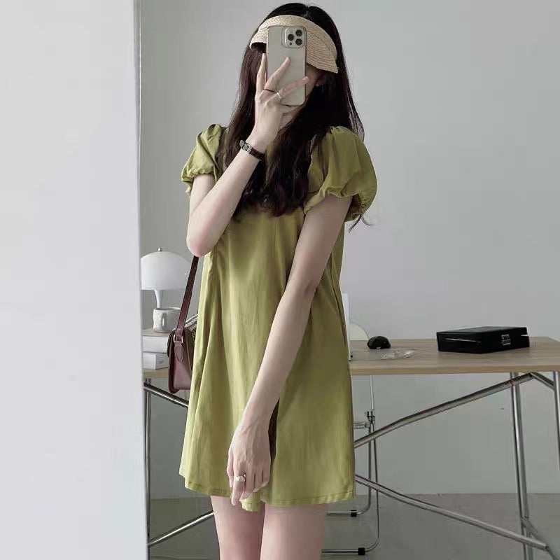 Korean chic summer simple niche round neck pleats loose puff sleeves small A word short dress female