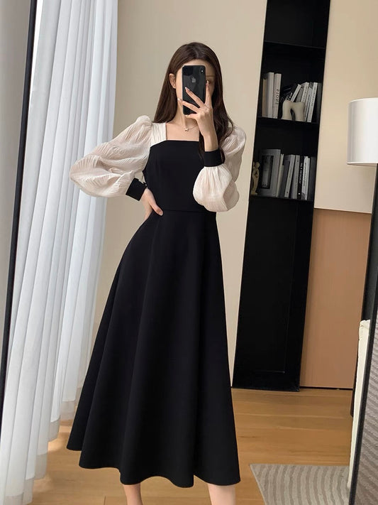 FT GUOGE Black Dress Women's 2023 Autumn New Puff Sleeve French Hepburn Style Square Neck Little Black Dress