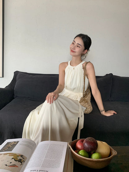 pusumede black halter dress female temperament loose large swing sleeveless off-shoulder French holiday style long dress