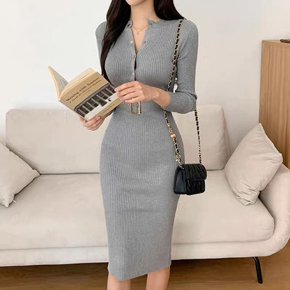Korean chic autumn elegant and simple round neck slimming long-sleeved knitted hip-covering dress with belt for women