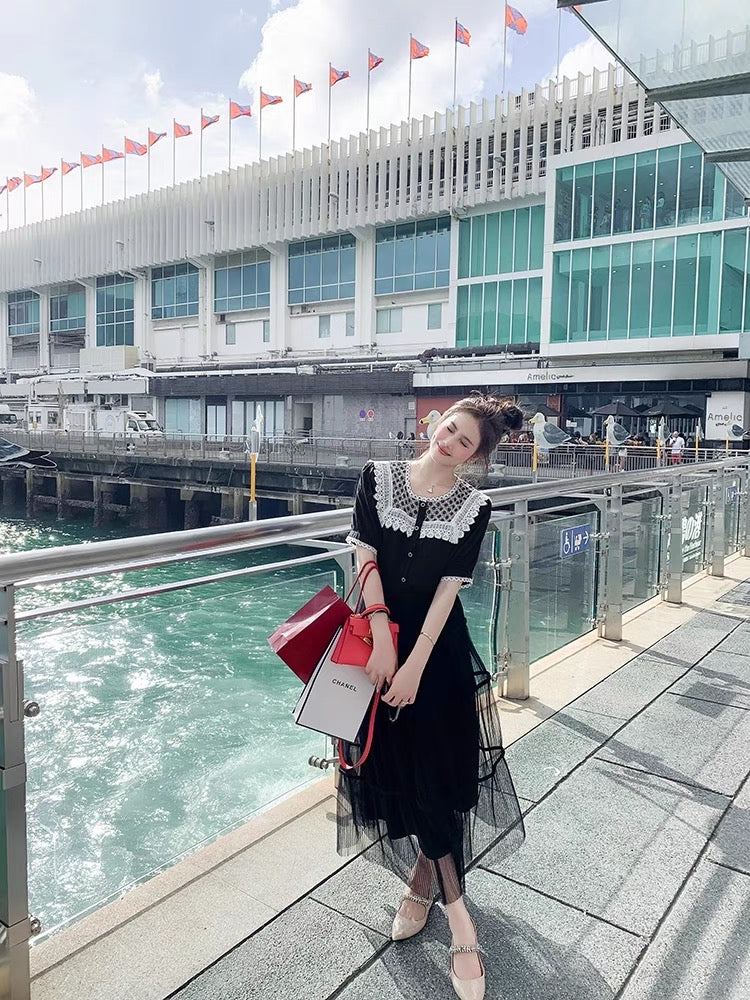 Fish Rabbit Rabbit Lace Chiffon Shirt Women's High-end Temperament Lace Stitching Round Neck Black Puff Sleeve Top