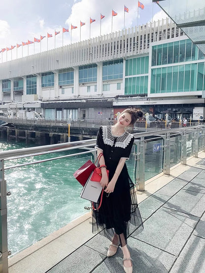 Fish Rabbit Rabbit Lace Chiffon Shirt Women's High-end Temperament Lace Stitching Round Neck Black Puff Sleeve Top
