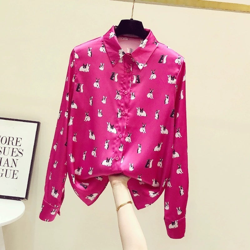 Satin silk rose red shirt femininity foreign style high-end printed long-sleeved top early autumn design sense niche