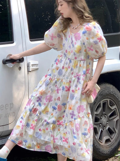 JC Vintage Store "Shimmer Galaxy" French retro floral dress women's summer vacation style puff sleeve long dress D379