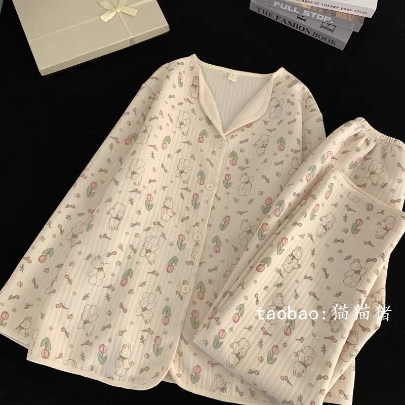 Tulip Rabbit Air Cotton Pajamas Women's Pure Cotton Winter Thickened Warm Long Sleeve Suit Loose Spring and Autumn Home Clothing