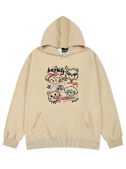 Heavy trendy brand cartoon print hooded sweatshirt for men and women in autumn and winter thickened trendy brand handsome high street American retro jacket