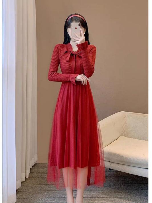 New autumn clothing, retro temperament, gentle and western style fairy skirt, bottoming sweater skirt, high-end knitted mesh dress