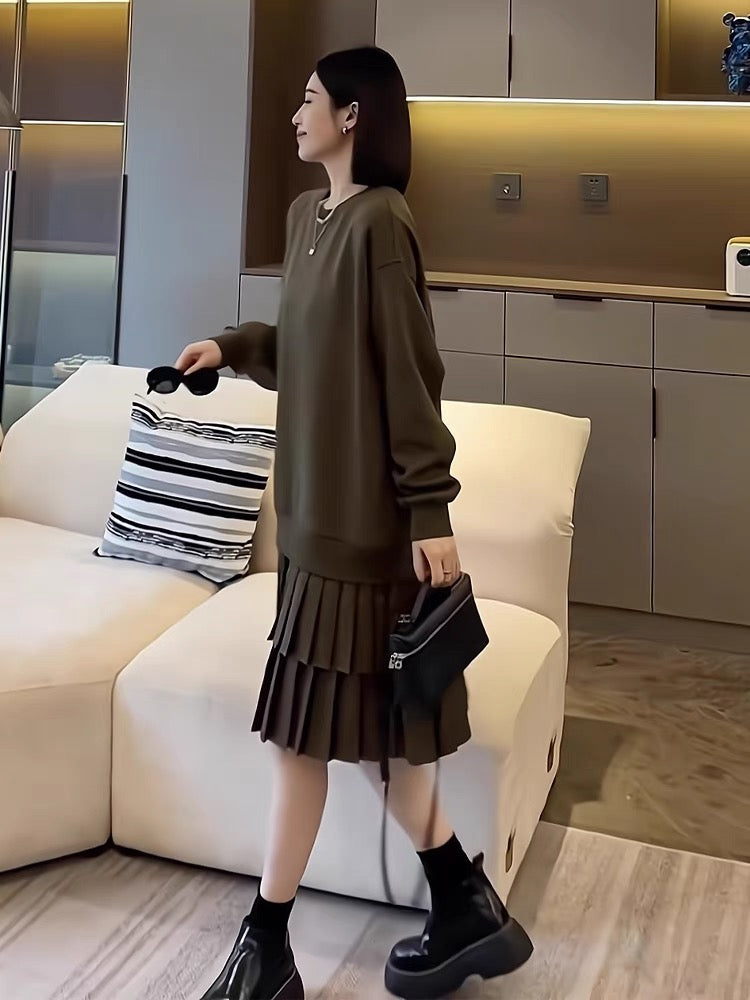 European women's early autumn high-end loose sweatshirt dress casual mid-length hem pleated splicing sweatshirt dress