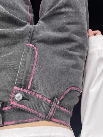 Fashionable design sense contrast color oblique buckle straight jeans for men and women spring and autumn temperament all-match loose wide-leg mopping pants