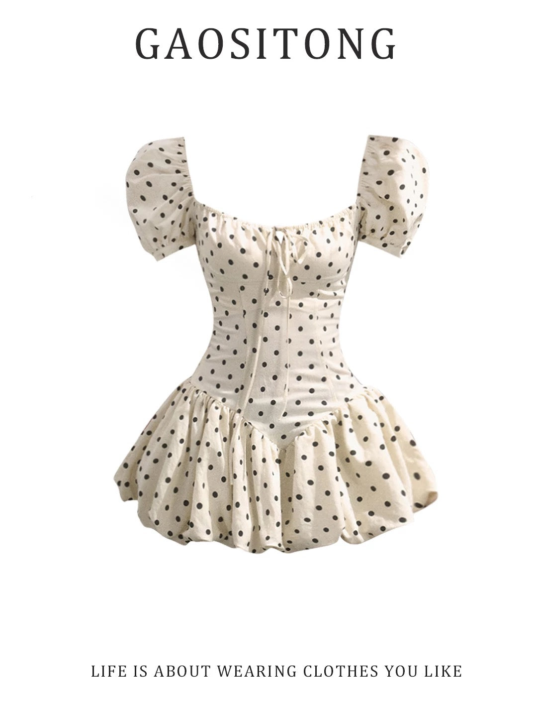 In-Stock: French-style square-neck puff-sleeve polka-dot dress—a slim-fit, flattering mini dress with a tulip-style skirt, perfect for summer.