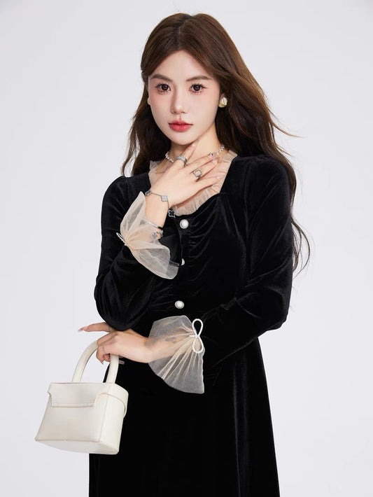 Volstagg black velvet dress women's autumn waist long skirt French Hepburn style little black dress