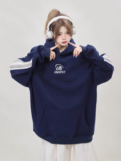 American retro oversize pink sweatshirt plus velvet thickened women's winter hooded lazy style couple niche top A3349