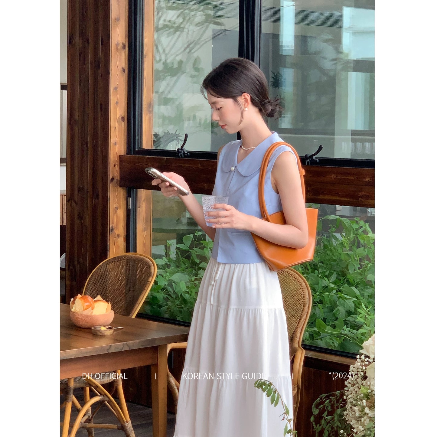 DH OFFICIAL Big Flower [Windsor College] Simple Korean Style Temperament Doll Collar Shirt White Skirt