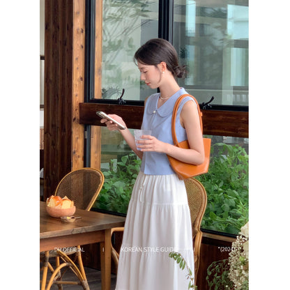 DH OFFICIAL Big Flower [Windsor College] Simple Korean Style Temperament Doll Collar Shirt White Skirt