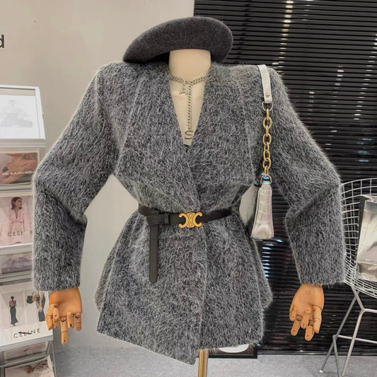 Korean-style lazy style slimming and age-reducing concealed button design versatile loose lace-up waist fashionable long-sleeved jacket for women
